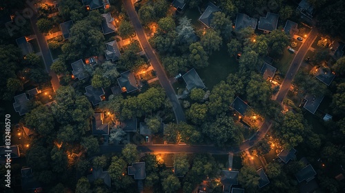 Aerial View of Neighborhood at Night