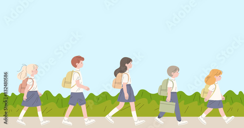 Five children are going on the nature dressed in school uniform