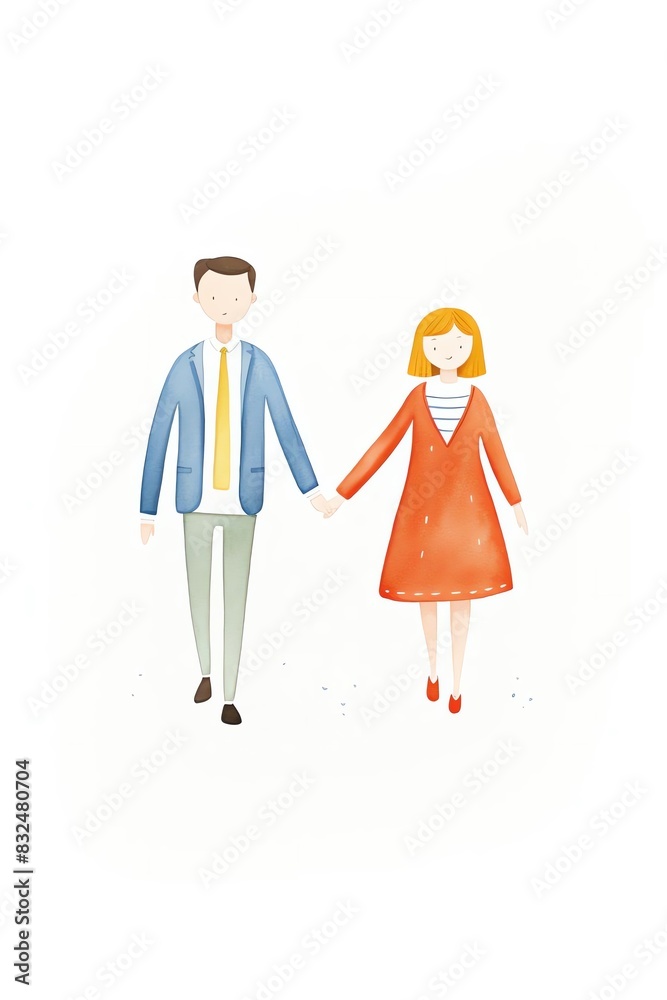 Hand-drawn illustration of a couple holding hands, dressed in colorful attire, representing love and companionship on a white background. Hand-drawn illustration of a couple holding hands, dressed in colorful attire, representing love and companionship on a white background.