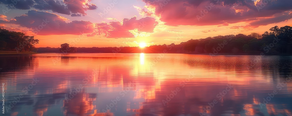 Fototapeta premium Sunset over a serene lake with reflections of the colorful sky on the water, warm oranges and pinks, highresolution photography, peaceful and calm,