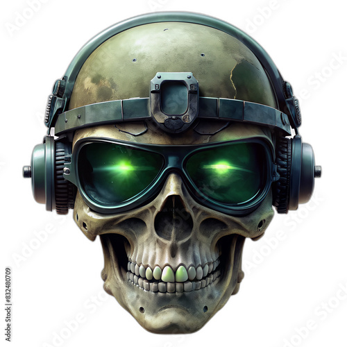 skull wearing night vision tactical helmet, suitable for t shirt, badge, logo design © peacehunter