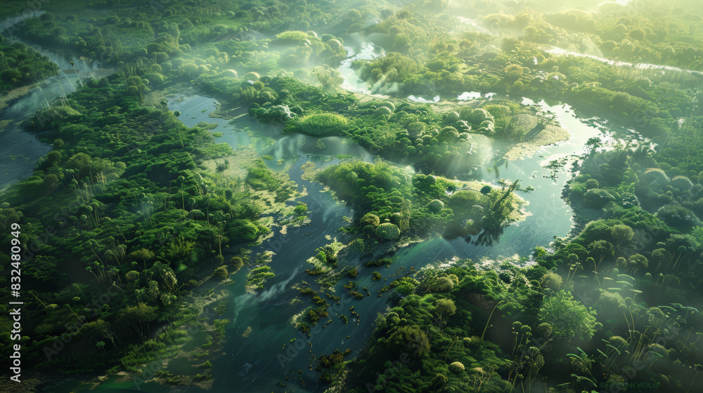 An aerial view showcasing the intricate layout of Eden, with all four rivers visible, teeming with life and diverse vegetation. An aerial view showcasing the intricate layout of Eden, with all four rivers visible, teeming with life and diverse vegetation.
