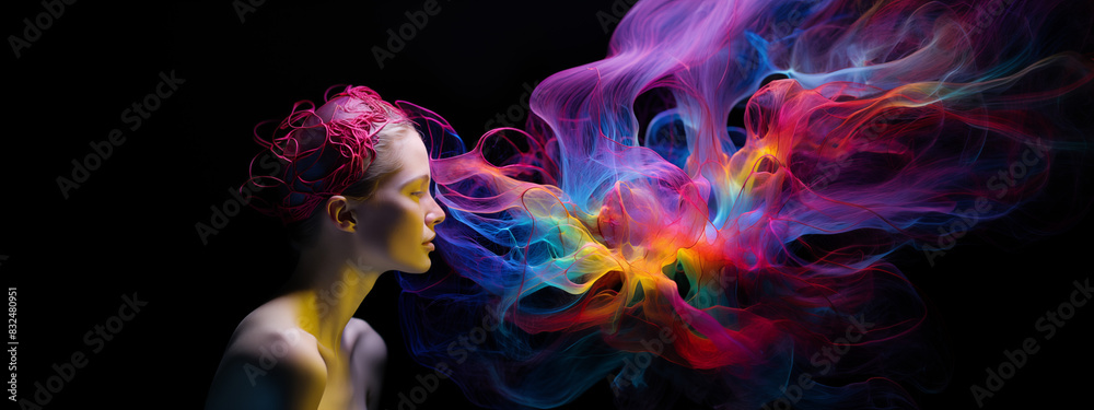 colorful smoke from woman head spreading on black background; concept of mind and thoughts exploding from brain and building body health; psychology, disorders, personality, human behavior patterns colorful smoke from woman head spreading on black background; concept of mind and thoughts exploding from brain and building body health; psychology, disorders, personality, human behavior patterns