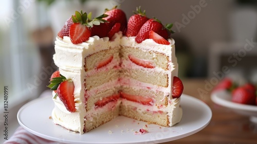 A delicate vanilla cake featuring layers of fresh strawberries and cream