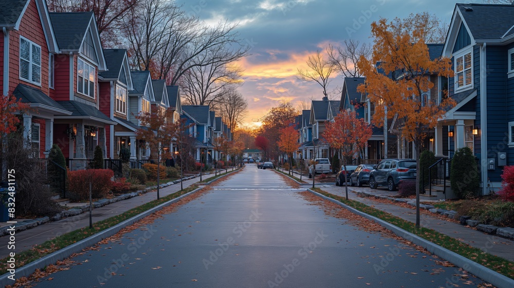Suburban Street at Sunset in Autumn Suburban Street at Sunset in Autumn