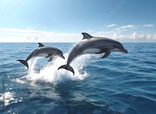 Close-up shot of two dolphins jumping in the sea water