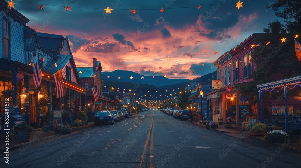 Obraz premium Festive Small Town Street at Dusk