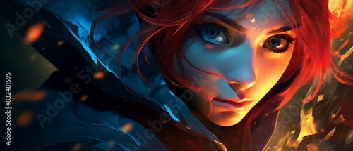 Anime portrait, digital painting, close-up of a mysterious character, dramatic lighting, vivid colors