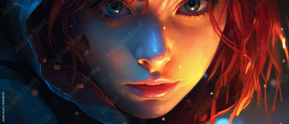 Anime portrait, digital painting, close-up of a mysterious character, dramatic lighting, vivid colors