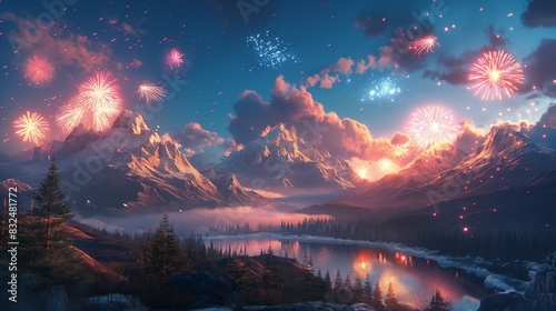 Fireworks Over Snowy Mountain Landscape