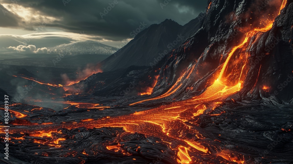 Dark orange mountains, with lava flowing from their peaks