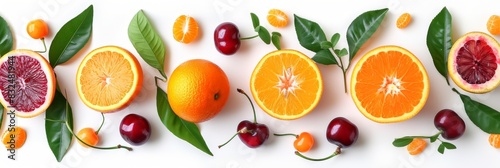 Oranges  cherries and other fruits on a white background