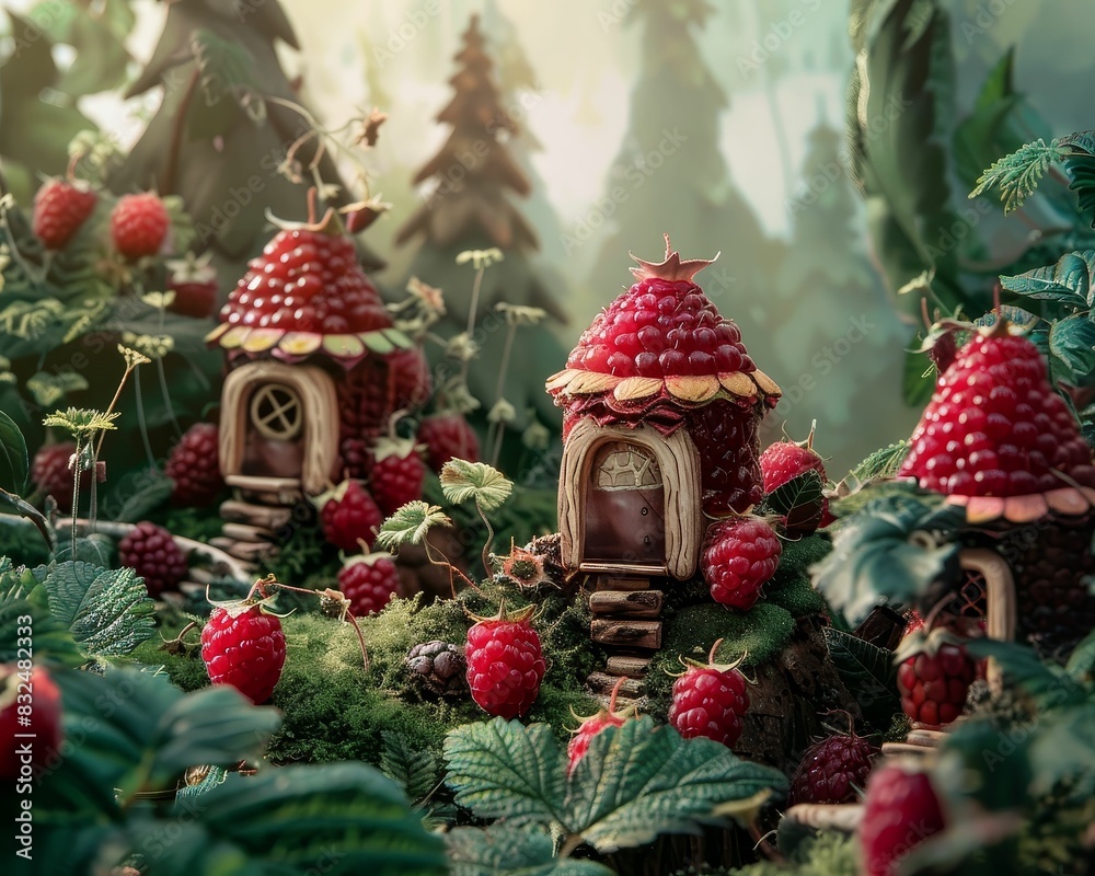 Fototapeta premium A whimsical scene of raspberries as tiny huts in a fairy village, with delicate details