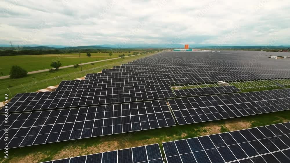 FPV drone video flying over a large solar panel field, showcasing renewable energy and sustainable technology in a vast landscape.