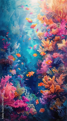 Underwater reef scene with a diverse array of corals and schools of fish, rich colors, watercolor, vibrant and dynamic, © NeeArtwork