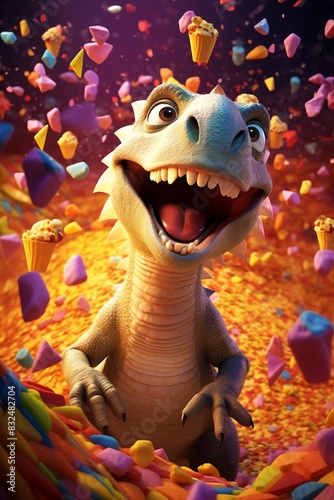 Dinosaur amid a shower of popcorned, dynamic action, vivid colors, whimsical theme