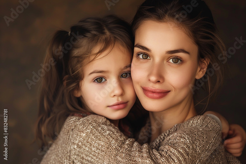 Portrait of happy beautiful young mother and daughter in casual smiling at camera