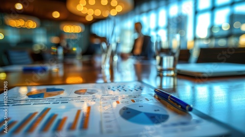Wallpaper Mural Abstract blurred meeting room, A table with papers with charts on it. The table is in a meeting room with blurred person in the background Torontodigital.ca