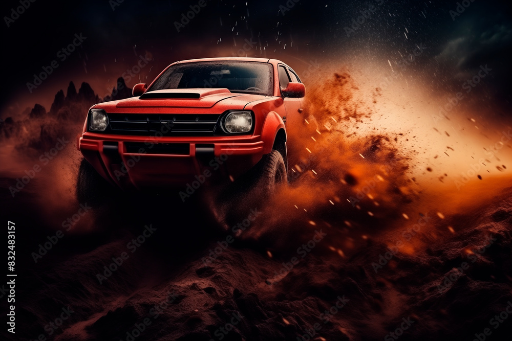 night. Offroad red car driving through mud, red 4x4 theme. high-speed highway. banner night. Offroad red car driving through mud, red 4x4 theme. high-speed highway. banner