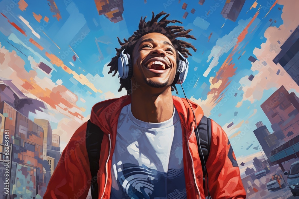 Energetic young man smiling, sports attire, dynamic cityscape behind, clear day, lively colors Energetic young man smiling, sports attire, dynamic cityscape behind, clear day, lively colors