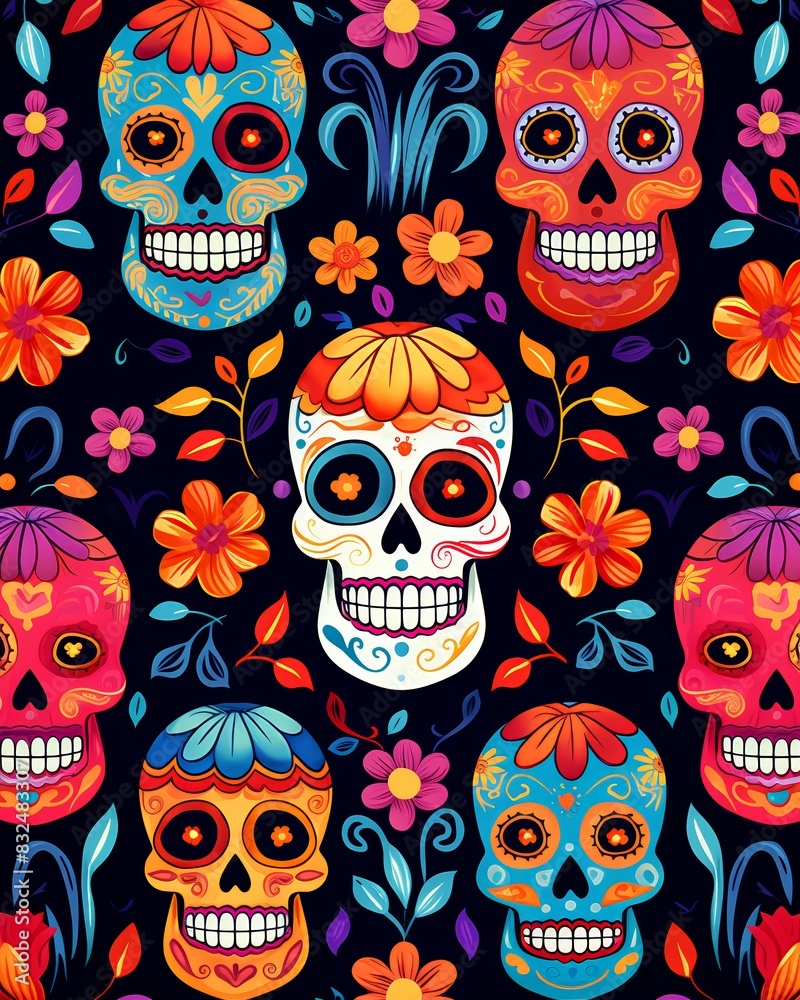 Festive Day of the Dead wallpaper, colorful patterns and skulls, traditional motifs, lively design Festive Day of the Dead wallpaper, colorful patterns and skulls, traditional motifs, lively design