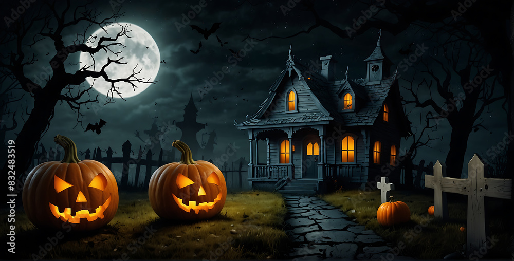 Pumpkins In Graveyard In The Spooky Night with Haunted house and Halloween Pumpkins happy Halloween Background Pumpkins In Graveyard In The Spooky Night with Haunted house and Halloween Pumpkins happy Halloween Background