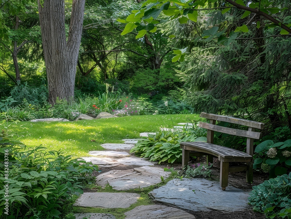 A serene garden with a stone path leading to a bench, symbolizing peace and reflection for cancer survivors A serene garden with a stone path leading to a bench, symbolizing peace and reflection for cancer survivors