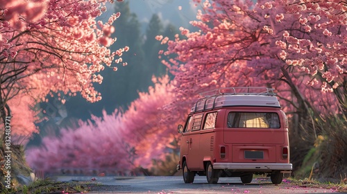 Camper van under cherry blossoms, sunny spring day, serene scene photo