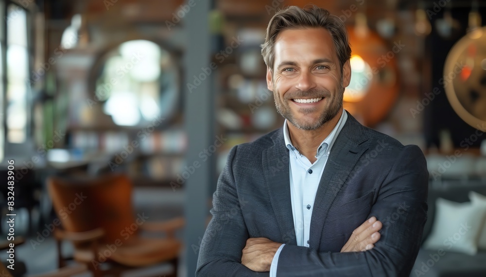 Confident man in a suit, smiling, modern office, arms crossed Confident man in a suit, smiling, modern office, arms crossed
