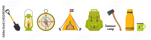Set elements for Summer camp, travel, outdoor recreation, camping . Various tourist equipment: tent, backpack, axe, binoculars, kerosene lamp, flashlight