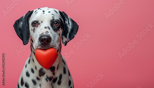 Dalmatian with a red heart  posing against a pink background