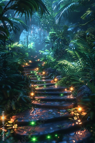 Futuristic jungle path with digital elements  glowing green light