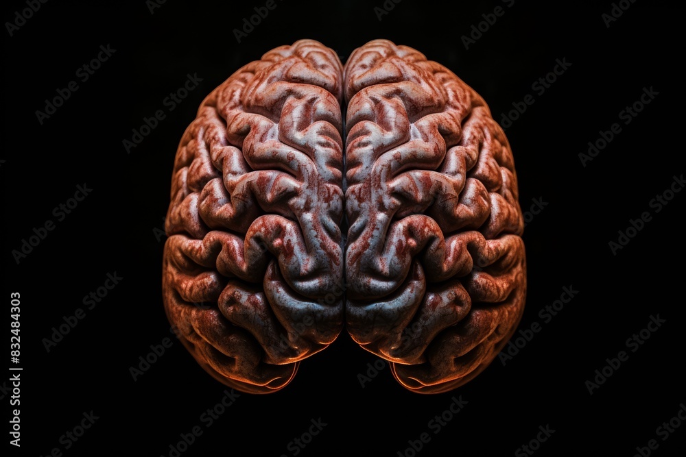 Human brain exposed, head in stress, dark moody lighting, top view, intense focus on frontal lobe Human brain exposed, head in stress, dark moody lighting, top view, intense focus on frontal lobe