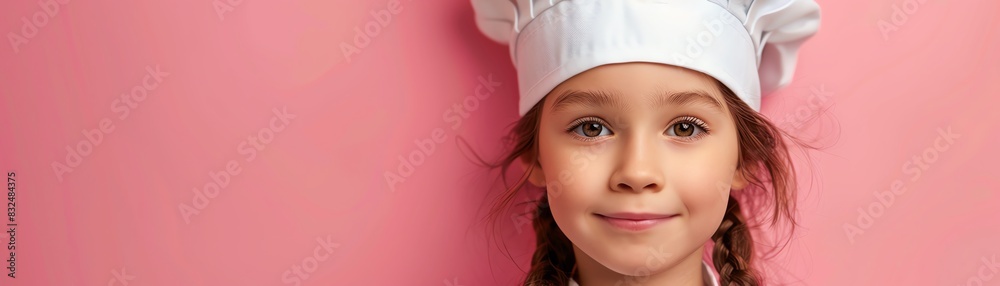 Little girl in chefs outfit, pink background, adorable look Little girl in chefs outfit, pink background, adorable look