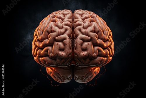Human brain exposed, head in stress, dark moody lighting, top view, intense focus on frontal lobe