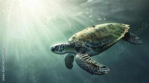 critically endangered sea turtle swimming in sunlit ocean aigenerated photorealistic illustration