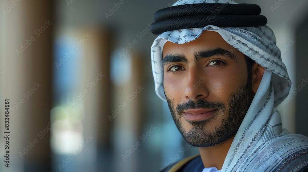 Portrait of man in traditional attire, modern indoor setting Portrait of man in traditional attire, modern indoor setting