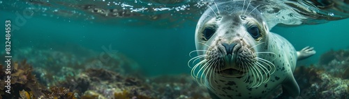 Playful seal underwater, looking directly at the camera photo