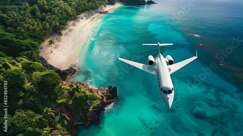 A private jet flying over a tropical paradise, with palm-fringed beaches and azure waters