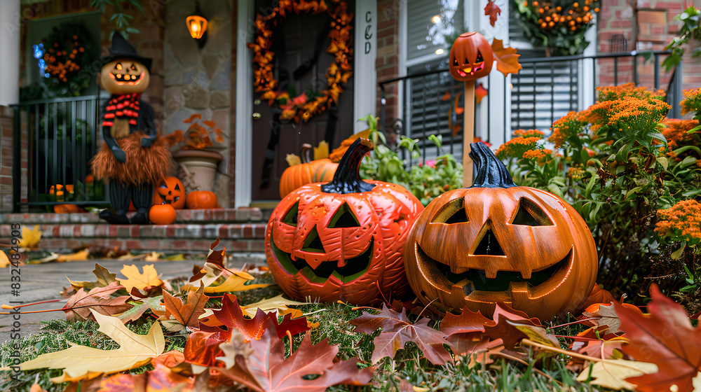 Obraz premium . Halloween Yard Decorations with Jack-O-Lanterns and Witch Figures