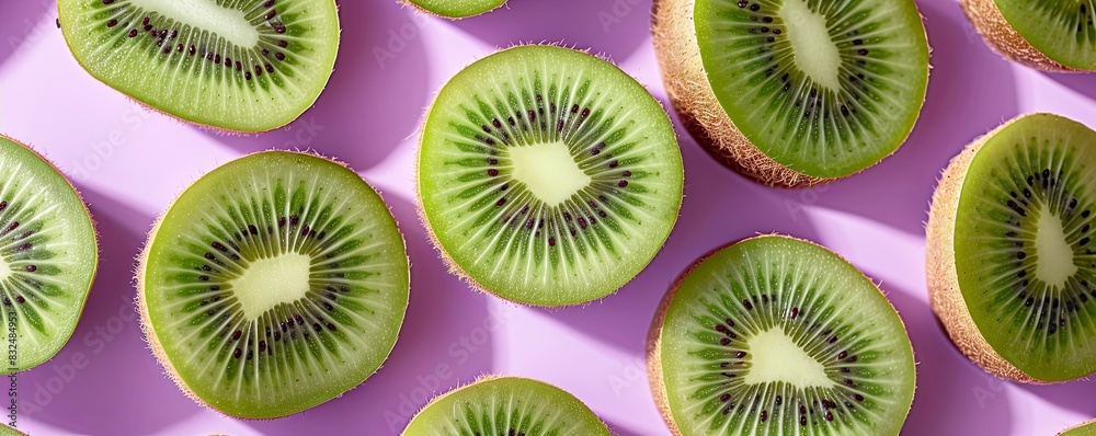 Fototapeta premium Sliced kiwi on a pastel purple background, exotic and refreshing