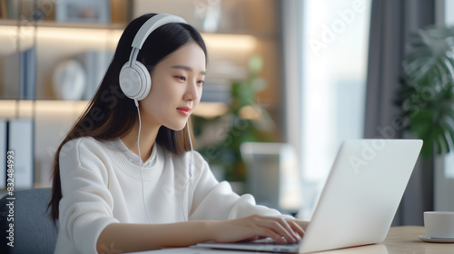 Korean Woman Working on Her Laptop with headphones. © Chocomoments