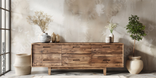 Modern Interior with Wooden Dresser and Decorative Plants