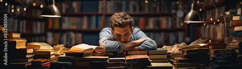 Person leaning back in a chair with closed books on the desk, having finished studying focus on relaxation, dynamic, blend mode, library backdrop photo
