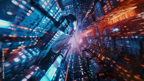 A close-up shot of a futuristic  dystopian cityscape merging with virtual reality elements  featuring unexpected camera angles
