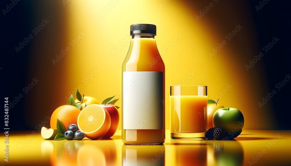 A juice bottle with a blank label, surrounded by fresh fruits and a glass of juice, set against a yellow background. A juice bottle with a blank label, surrounded by fresh fruits and a glass of juice, set against a yellow background.