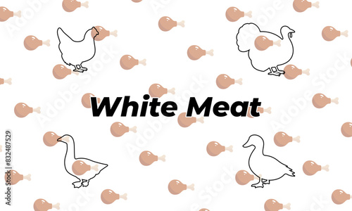 Vector animals, white meat icons. Outline signs. Chicken, turkey, goose, duck. Colored, chicken leg pattern, backgraund. Popular meat concept.