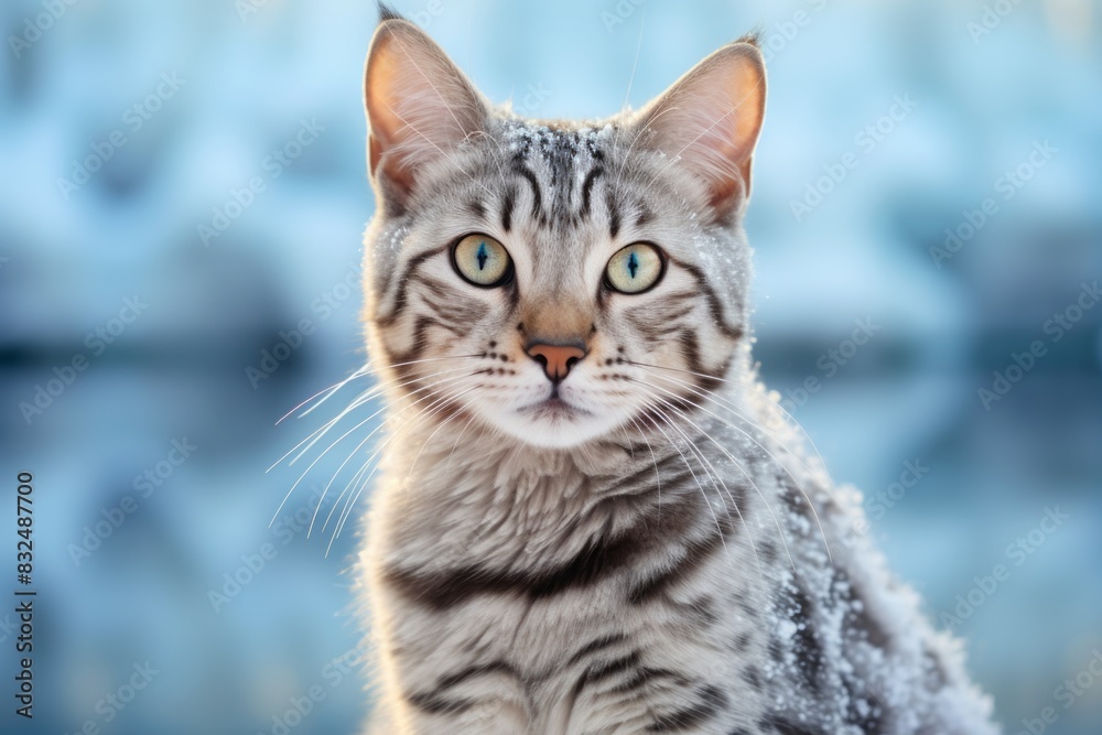 Portrait of a cute egyptian mau cat isolated on backdrop of a frozen winter lake Portrait of a cute egyptian mau cat isolated on backdrop of a frozen winter lake