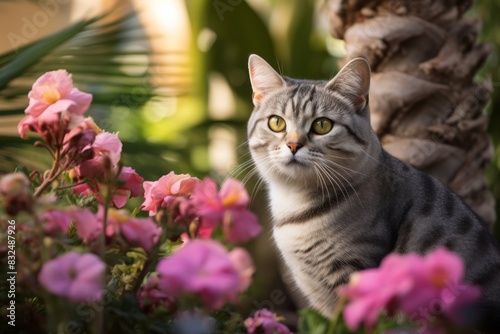 Portrait of a cute american shorthair cat on lush botanical garden