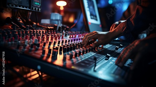 Producers hands on the mixing console in a recording studio photo